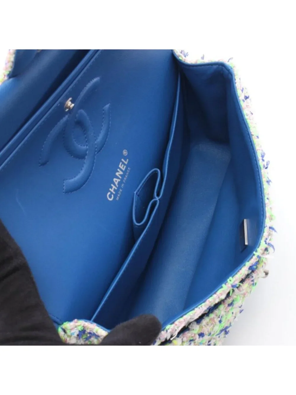 Chanel Shoulder Bag Quilted Double Flap Blue Yellow Green Leather Chain